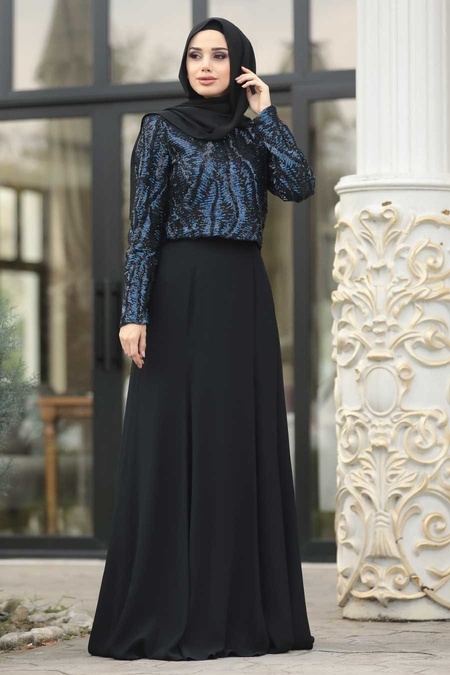 Tesettürlü Abiye Elbise - Sax Mavisi Etek / Bluz Tesettür Abiye Takım 37220SX