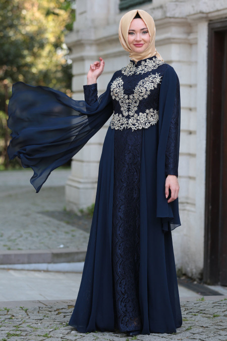 Tesettürlü Abiye Elbise - Şifon Detaylı Dantelli Lacivert Tesettür Abiye Elbise 7623L