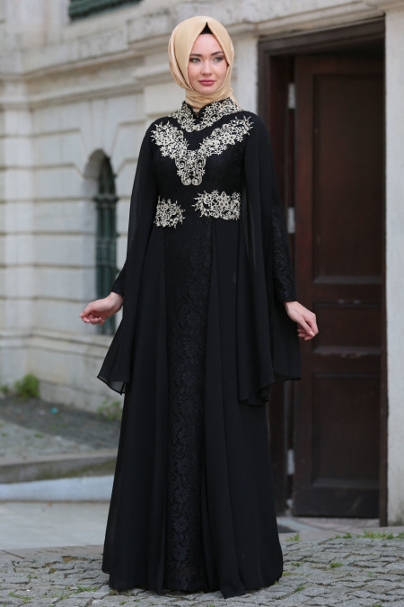 Tesettürlü Abiye Elbise - Şifon Detaylı Dantelli Siyah Tesettür Abiye Elbise 7623S