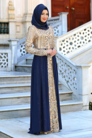 Tesettürlü Abiye Elbise - Şifon Detaylı Lacivert Tesettür Abiye Elbise 7567L - Thumbnail