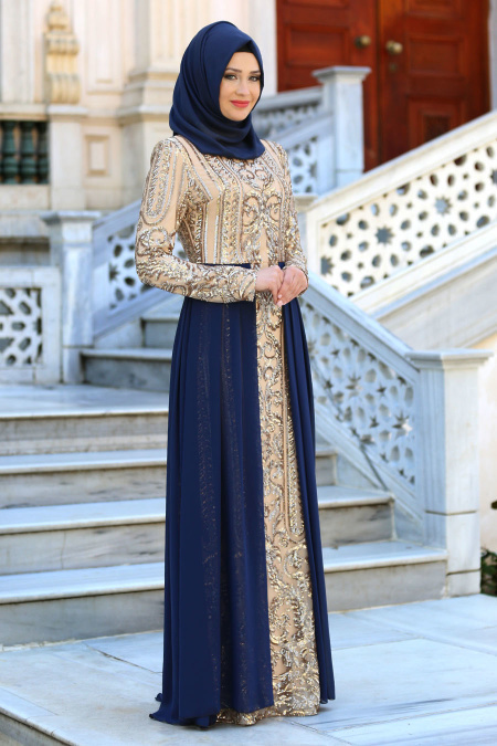Tesettürlü Abiye Elbise - Şifon Detaylı Lacivert Tesettür Abiye Elbise 7567L
