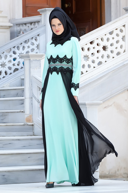 Tesettürlü Abiye Elbise - Şifon Detaylı Mint Elbise