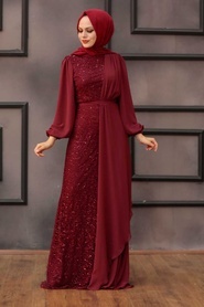 Tesettürlü Abiye Elbise - Şifon Detaylı Pul Payet Bordo Tesettür Abiye Elbise 5516BR - Thumbnail
