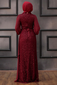 Tesettürlü Abiye Elbise - Şifon Detaylı Pul Payet Bordo Tesettür Abiye Elbise 5516BR - Thumbnail