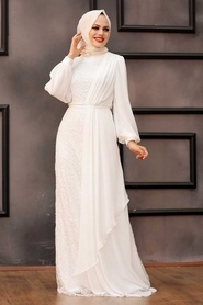 Tesettürlü Abiye Elbise - Şifon Detaylı Pul Payet Ekru Tesettür Abiye Elbise 5516E - Thumbnail