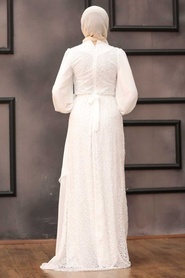 Tesettürlü Abiye Elbise - Şifon Detaylı Pul Payet Ekru Tesettür Abiye Elbise 5516E - Thumbnail