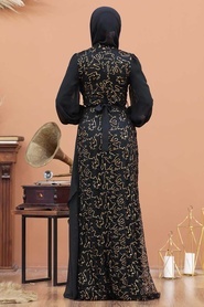 Tesettürlü Abiye Elbise - Şifon Detaylı Pul Payet Gold Tesettür Abiye Elbise 5516GOLD - Thumbnail