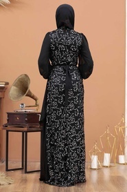 Tesettürlü Abiye Elbise - Şifon Detaylı Pul Payet Gümüş Tesettür Abiye Elbise 5516GMS - Thumbnail