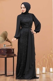 Tesettürlü Abiye Elbise - Şifon Detaylı Pul Payet Siyah Tesettür Abiye Elbise 5516S - Thumbnail