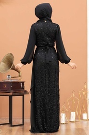 Tesettürlü Abiye Elbise - Şifon Detaylı Pul Payet Siyah Tesettür Abiye Elbise 5516S - Thumbnail