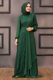 Tesettürlü Abiye Elbise - Şifon Detaylı Pul Payet Yeşil Tesettür Abiye Elbise 5516Y - Thumbnail