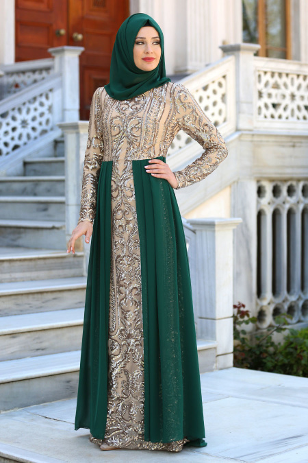 Tesettürlü Abiye Elbise - Şifon Detaylı Yeşil Tesettür Abiye Elbise 7567Y