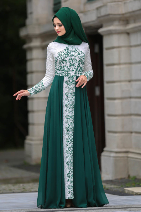 Tesettürlü Abiye Elbise - Şifon Detaylı Yeşil Tesettür Abiye Elbise 7784Y