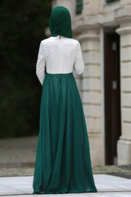 Tesettürlü Abiye Elbise - Şifon Detaylı Yeşil Tesettür Abiye Elbise 7784Y - Thumbnail