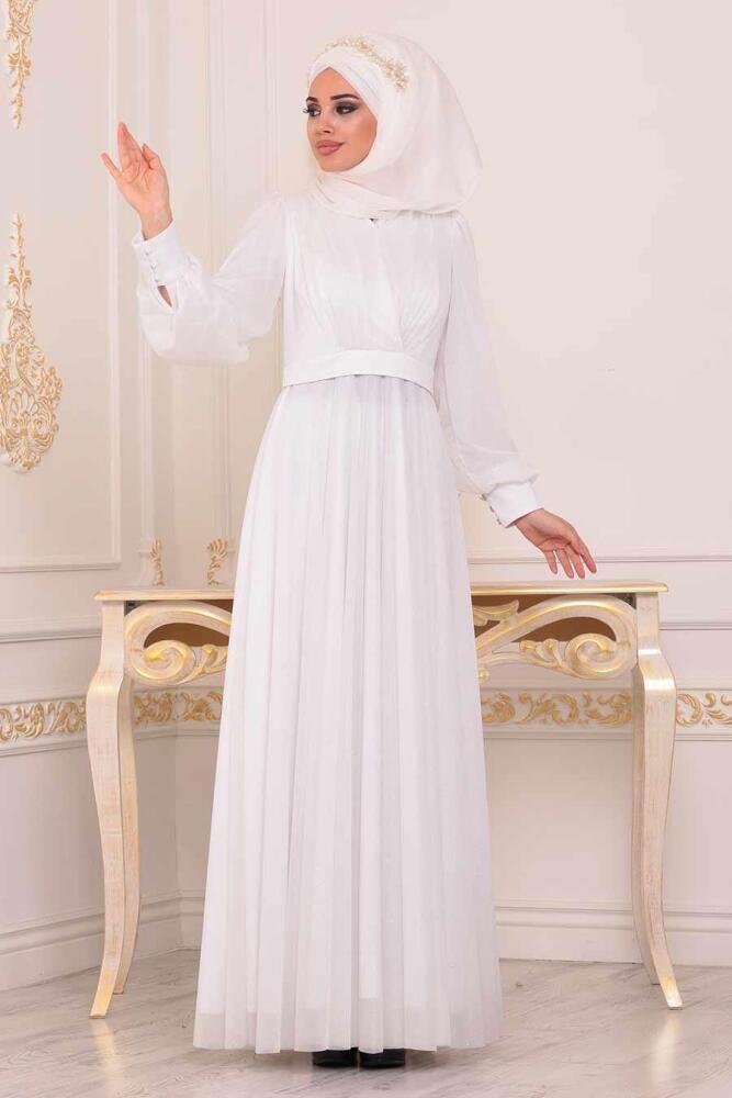 Tuay - Simli Beyaz Tesettür Abiye Elbise 30632B - 2