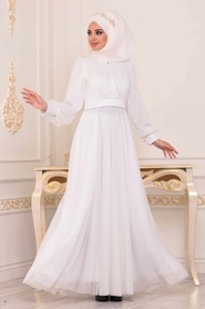 Tuay - Simli Beyaz Tesettür Abiye Elbise 30632B - Thumbnail