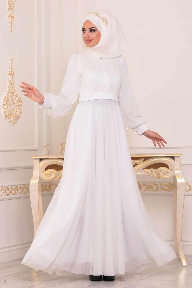 Tuay - Simli Beyaz Tesettür Abiye Elbise 30632B - 3