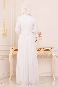 Tuay - Simli Beyaz Tesettür Abiye Elbise 30632B - Thumbnail