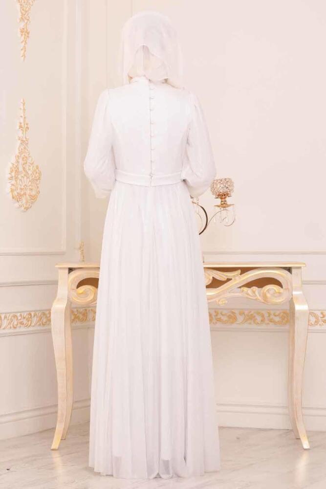 Tuay - Simli Beyaz Tesettür Abiye Elbise 30632B - 4