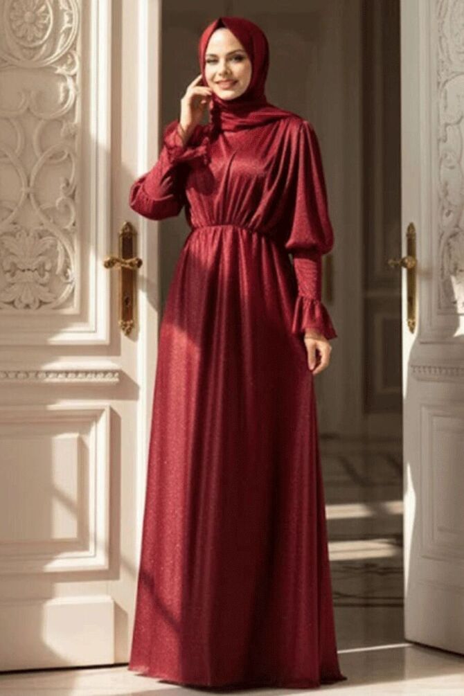 Tesettürlü Abiye Elbise - Simli Bordo Tesettür Abiye Elbise 5367BR - TESETTÜRLÜ ABİYE ELBİSELER