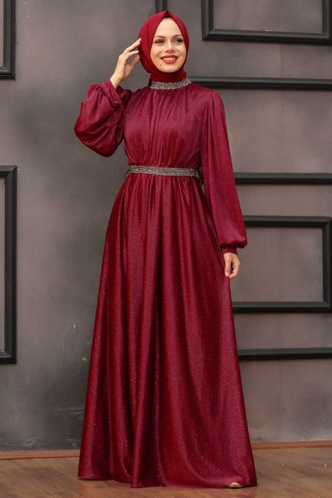 Tesettürlü Abiye Elbise - Simli Bordo Tesettür Abiye Elbise 5501BR - 3