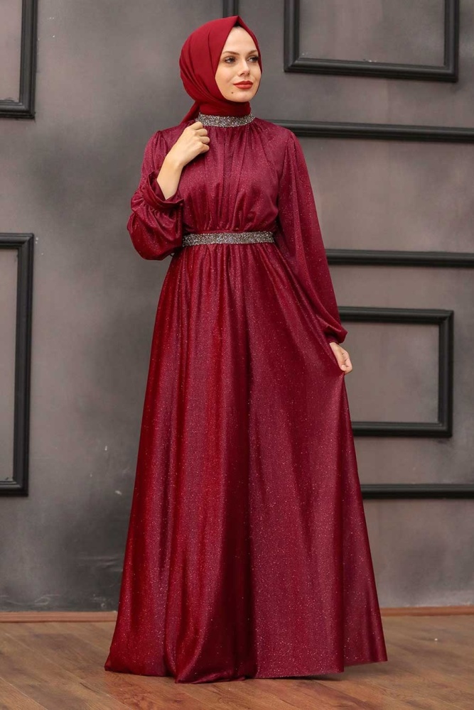 Tesettürlü Abiye Elbise - Simli Bordo Tesettür Abiye Elbise 5501BR - 1