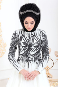 Tesettürlü Abiye Elbise - Simli Desenli Ekru Tesettür Abiye Elbise 20690E - Thumbnail