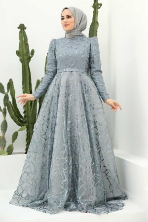 Tesettürlü Abiye Elbise - Simli Desenli Gri Tesettür Abiye Elbise 22282GR - 1