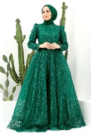 Tesettürlü Abiye Elbise - Simli Desenli Yeşil Tesettür Abiye Elbise 22282Y - Thumbnail