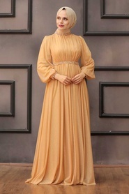 Tesettürlü Abiye Elbise - Simli Gold Tesettür Abiye Elbise 21680GOLD - Thumbnail