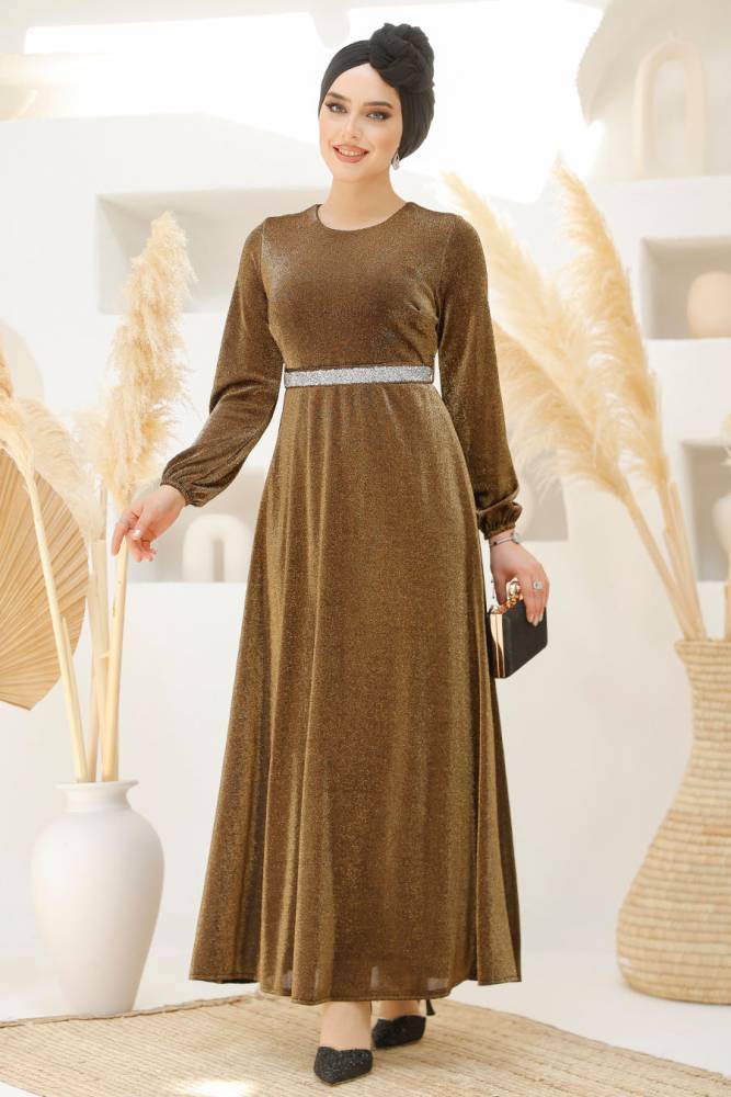 Tesettürlü Abiye Elbise - Simli Gold Tesettür Abiye Elbise 42541GOLD - 2