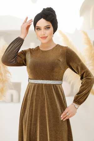 Tesettürlü Abiye Elbise - Simli Gold Tesettür Abiye Elbise 42541GOLD - 4