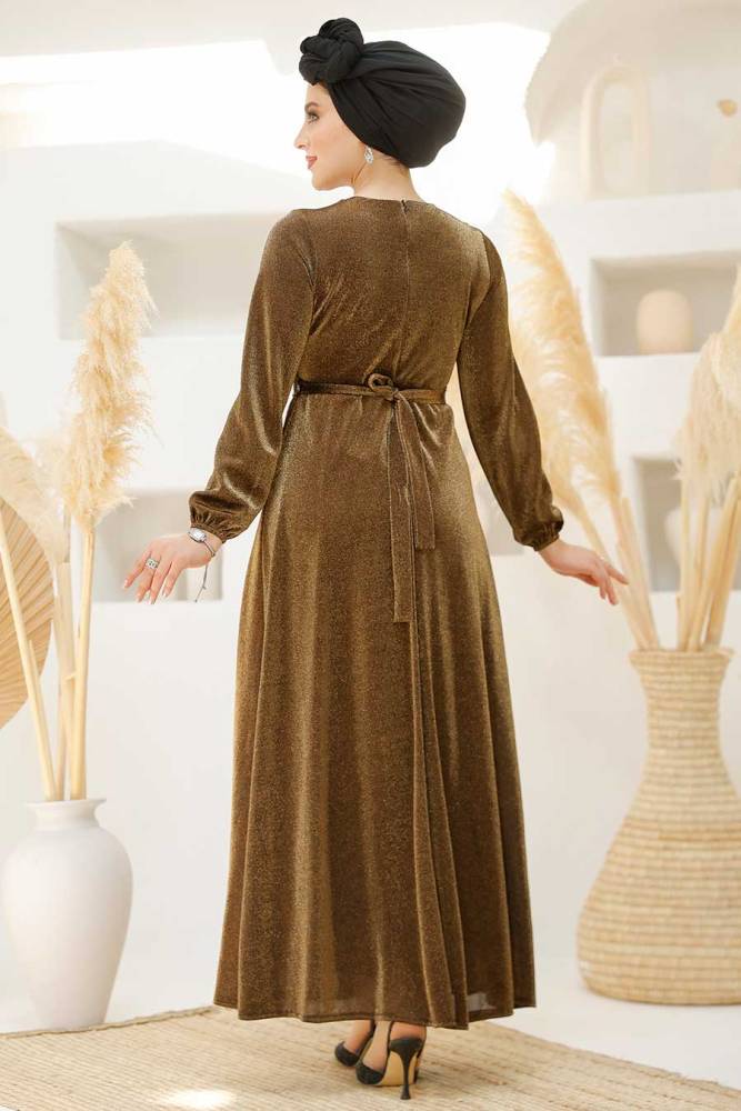 Tesettürlü Abiye Elbise - Simli Gold Tesettür Abiye Elbise 42541GOLD - 5