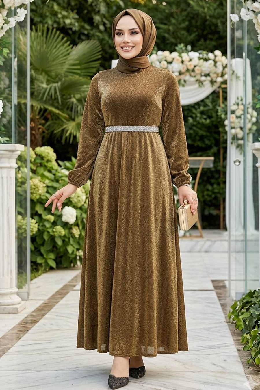 Tesettürlü Abiye Elbise - Simli Gold Tesettür Abiye Elbise 42541GOLD