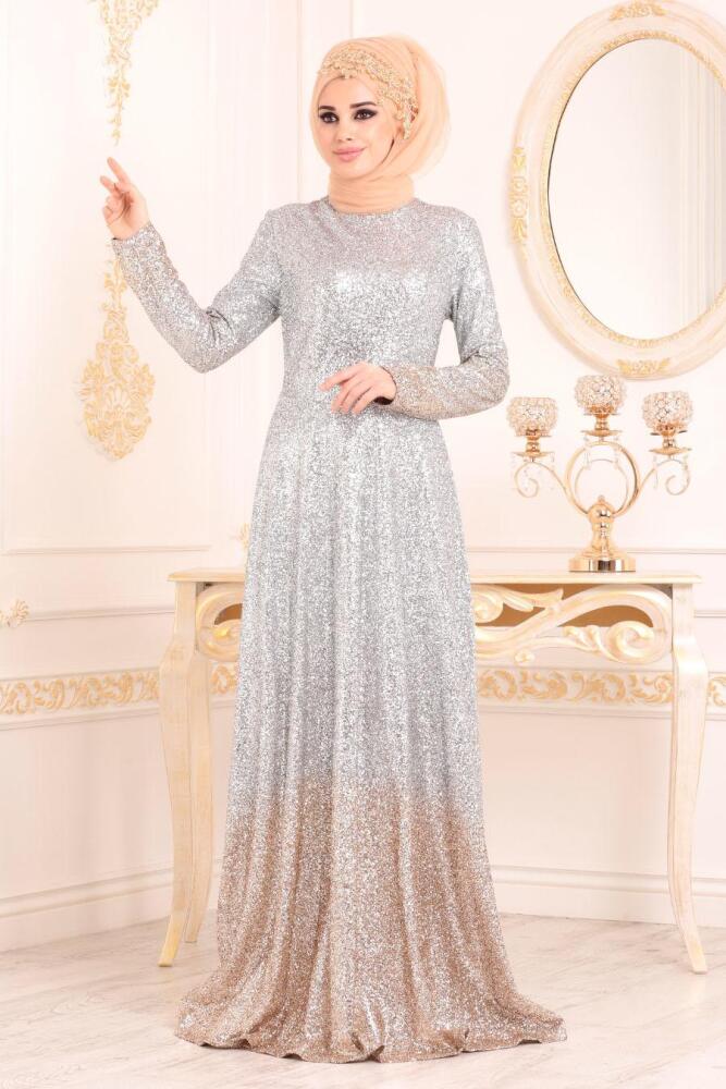 Tesettürlü Abiye Elbise - Simli Gold Tesettür Abiye Elbise 8508GOLD - 1