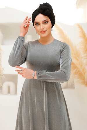 Tesettürlü Abiye Elbise - Simli Gri Tesettür Abiye Elbise 42541GR - 3