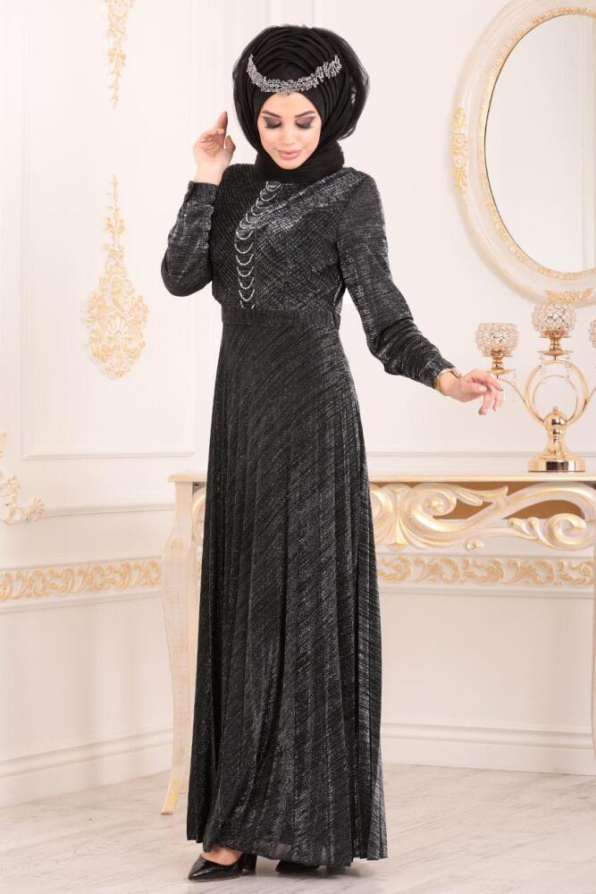Tesettürlü Abiye Elbise - Simli Gri Tesettür Abiye Elbise 84720GR - 1