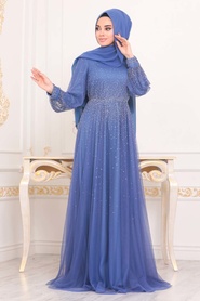 Tesettürlü Abiye Elbise - Simli İndigo Mavisi Tesettür Abiye Elbise 21501IM - Thumbnail
