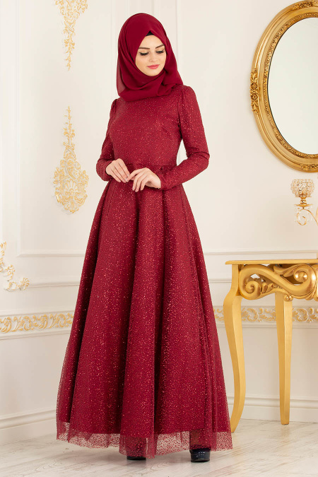 Tesettürlü Abiye Elbise - Simli Kırmızı Tesettür Abiye Elbise 36501K
