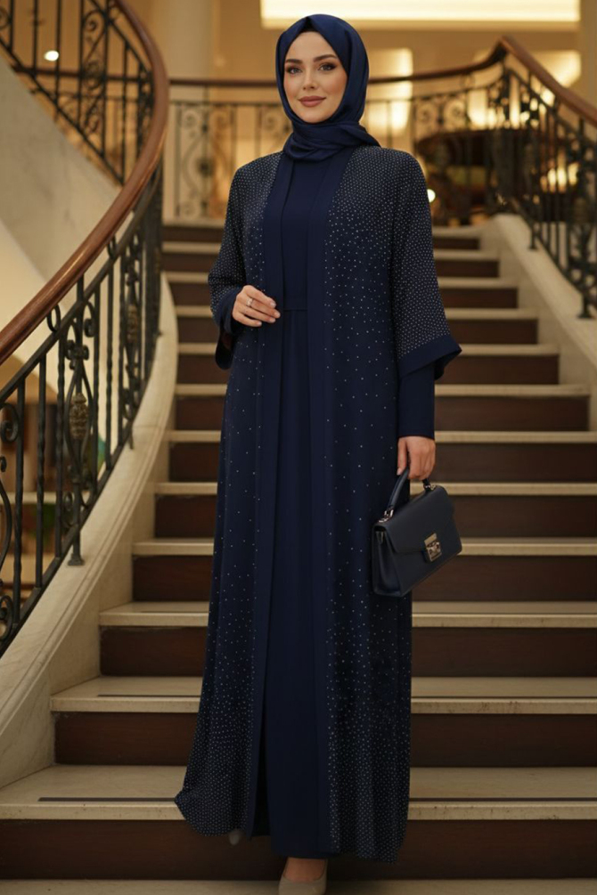 Tesettürlü Abiye Elbise - Simli Lacivert Tesettür Abiye Elbise 4831L - 1