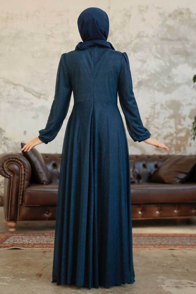 Tesettürlü Abiye Elbise - Simli Lacivert Tesettür Abiye Elbise 50151L - 3