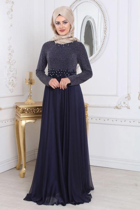 Tesettürlü Abiye Elbise - Simli Lacivert Tesettür Abiye Elbise 7950L - 3