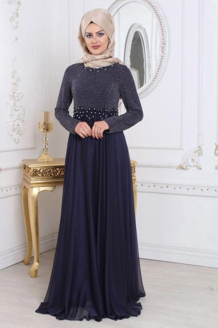 Tesettürlü Abiye Elbise - Simli Lacivert Tesettür Abiye Elbise 7950L - 4