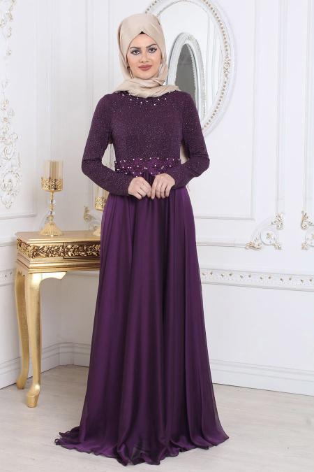 Tesettürlü Abiye Elbise - Simli Mor Tesettür Abiye Elbise 7950MOR - 2