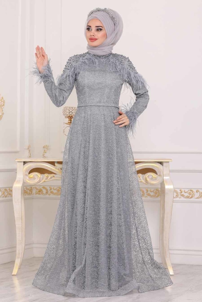Tesettürlü Abiye Elbise - Simli Omuzları Boncuk Detaylı Gri Tesettür Abiye Elbise 3940GR - 1