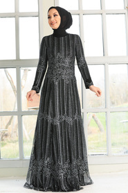 Tesettürlü Abiye Elbise - Simli Pırıltılı Siyah Tesettür Abiye Elbise 20841S - Thumbnail