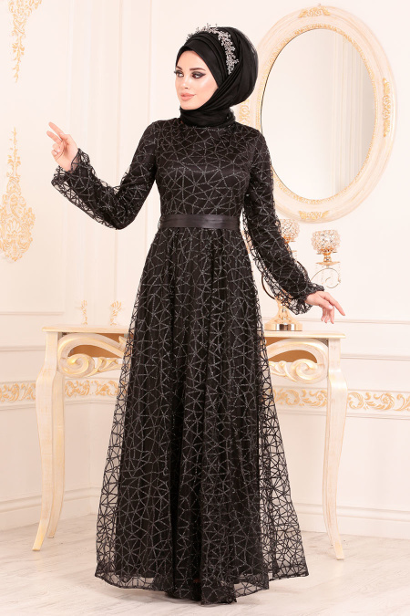 Tesettürlü Abiye Elbise - Simli Siyah Renk Tesettür Abiye Elbise 31481S