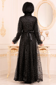 Tesettürlü Abiye Elbise - Simli Siyah Renk Tesettür Abiye Elbise 31481S - Thumbnail