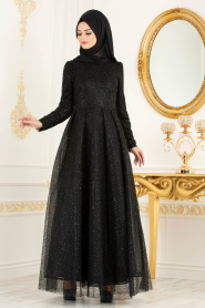 Tesettürlü Abiye Elbise - Simli Siyah Tesettür Abiye Elbise 36501S - Thumbnail