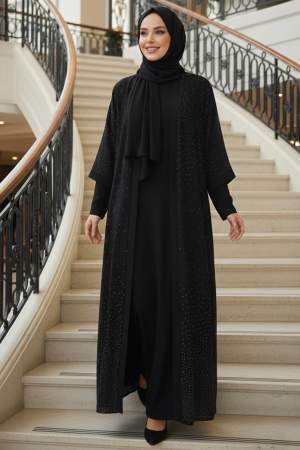 Tesettürlü Abiye Elbise - Simli Siyah Tesettür Abiye Elbise 4831S - 1